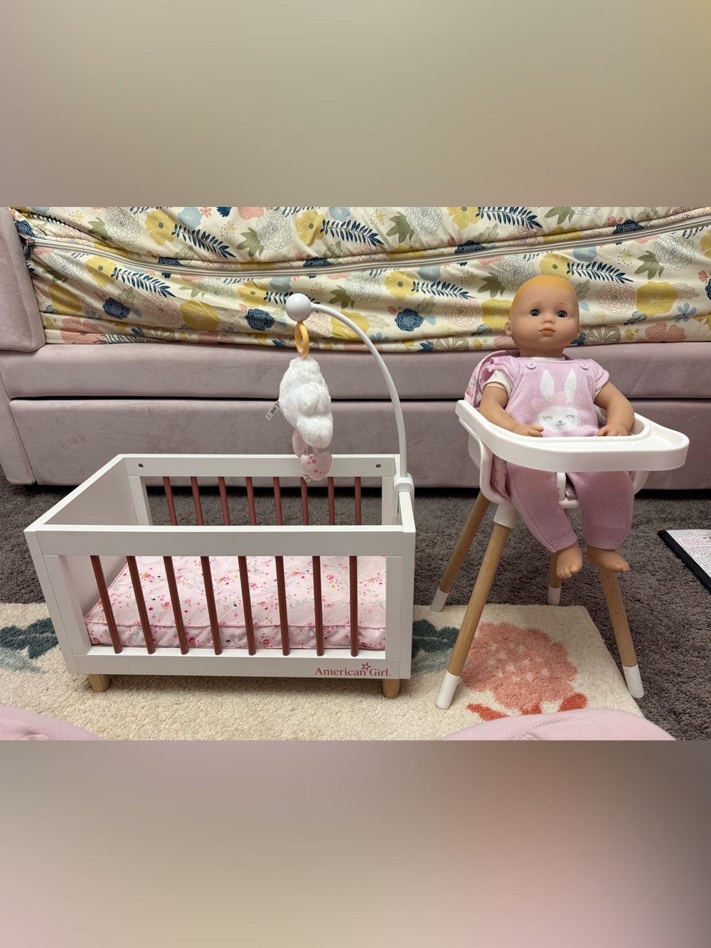 American Girl Bitty Baby 18 inch with crib and high chair